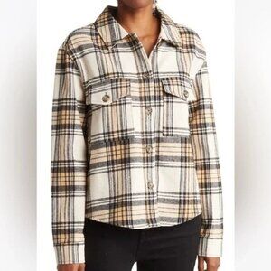 SANCTUARY ANTHROPOLOGIE Girlfriend Shacket Cream Tan Black Plaid Flannel- S